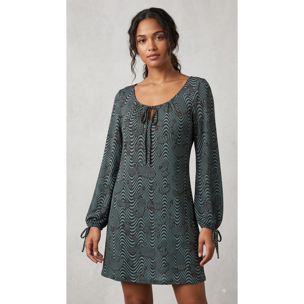 Boston Proper Teal Brown Wavy Psychedelic Print Mini Dress Tie Neck S Chic